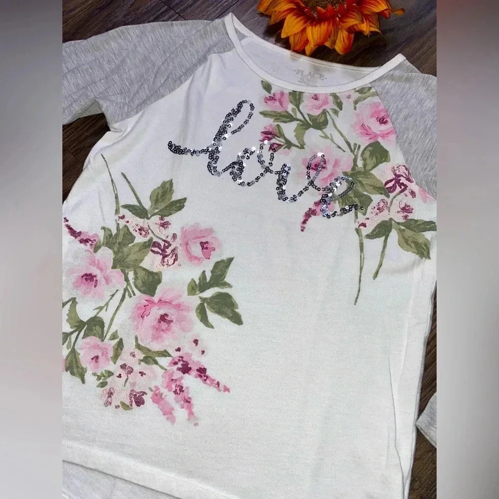 🌻5/$25🌻JUSTICE Sequined Love Long Sleeved Flower T-Shirt | 10/12 | - Picture 3 of 6